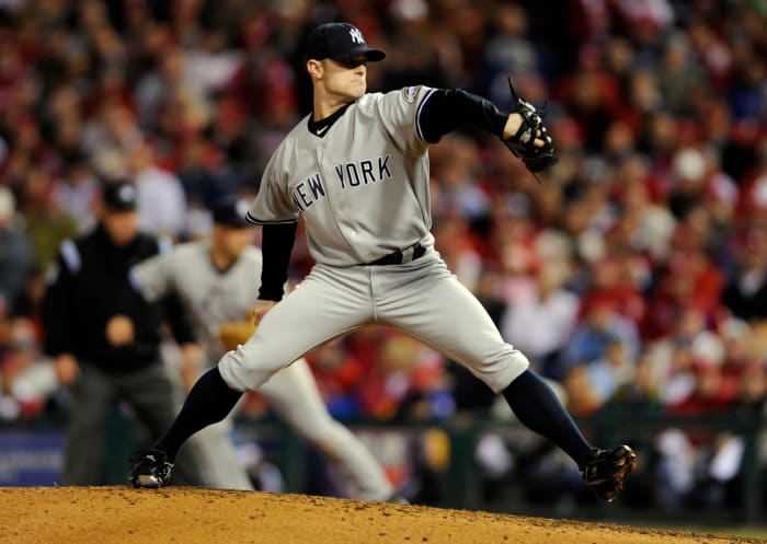 David Robertson throws a pitch in the 2009 World Series at Citizens Bank Park.